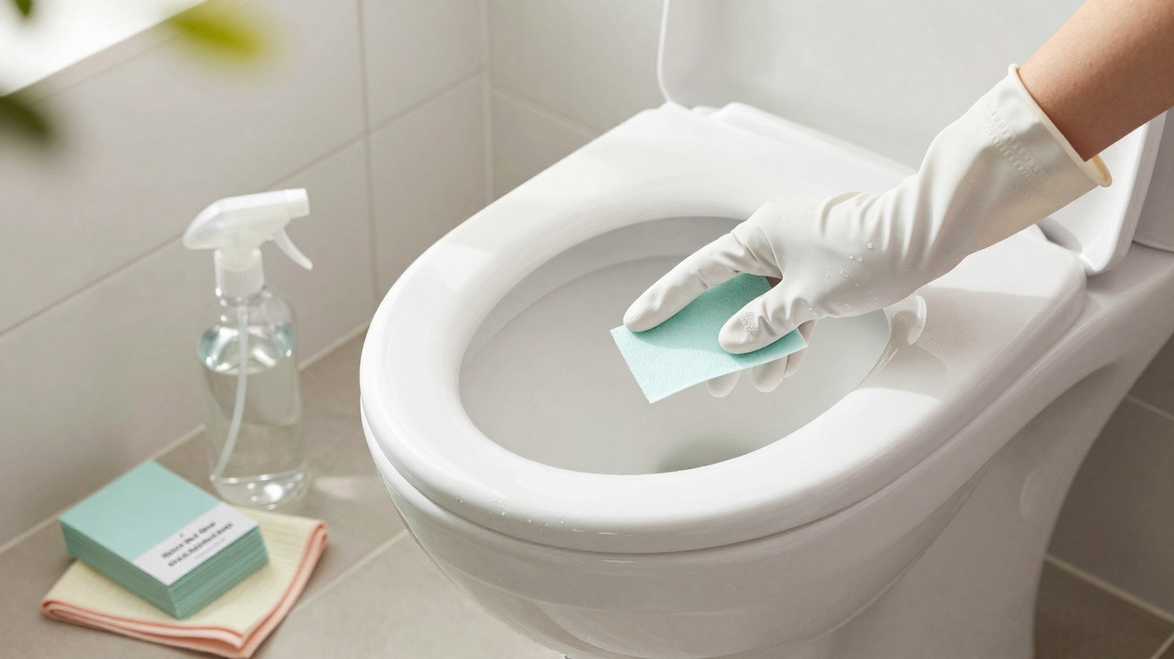 Pessoa com luva branca limpando vaso sanitário branco com esponja azul em banheiro claro.