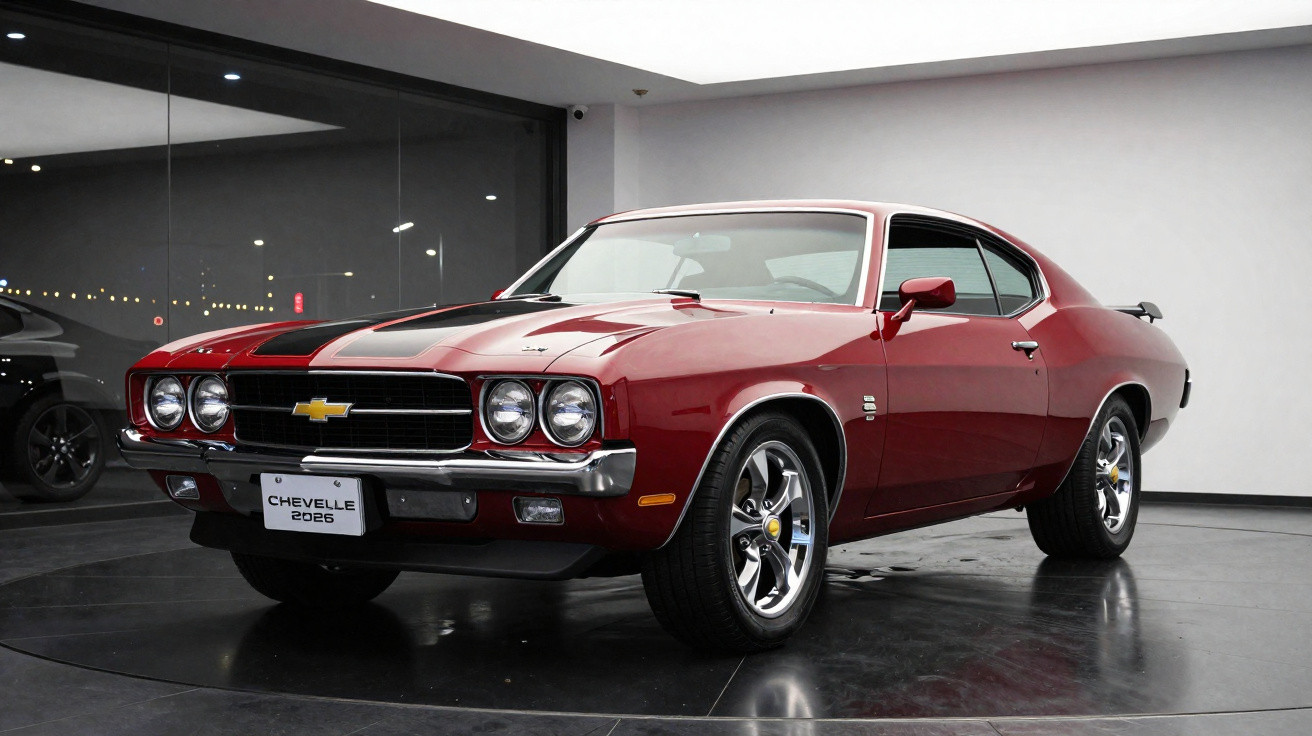 Carro clássico Chevrolet Chevelle 2026 vermelho com faixa preta em exposição interna.