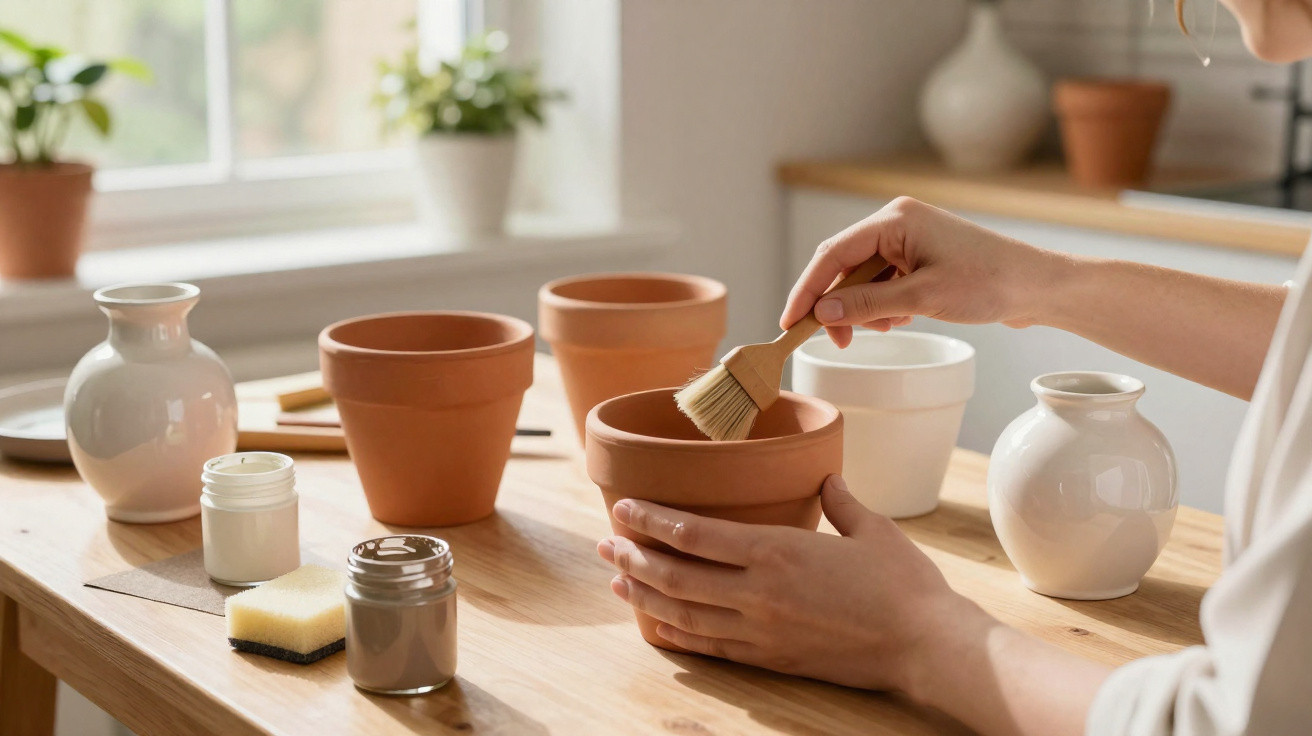 Pessoa aplicando verniz em vaso de barro em mesa com vasos brancos e plantas ao fundo.