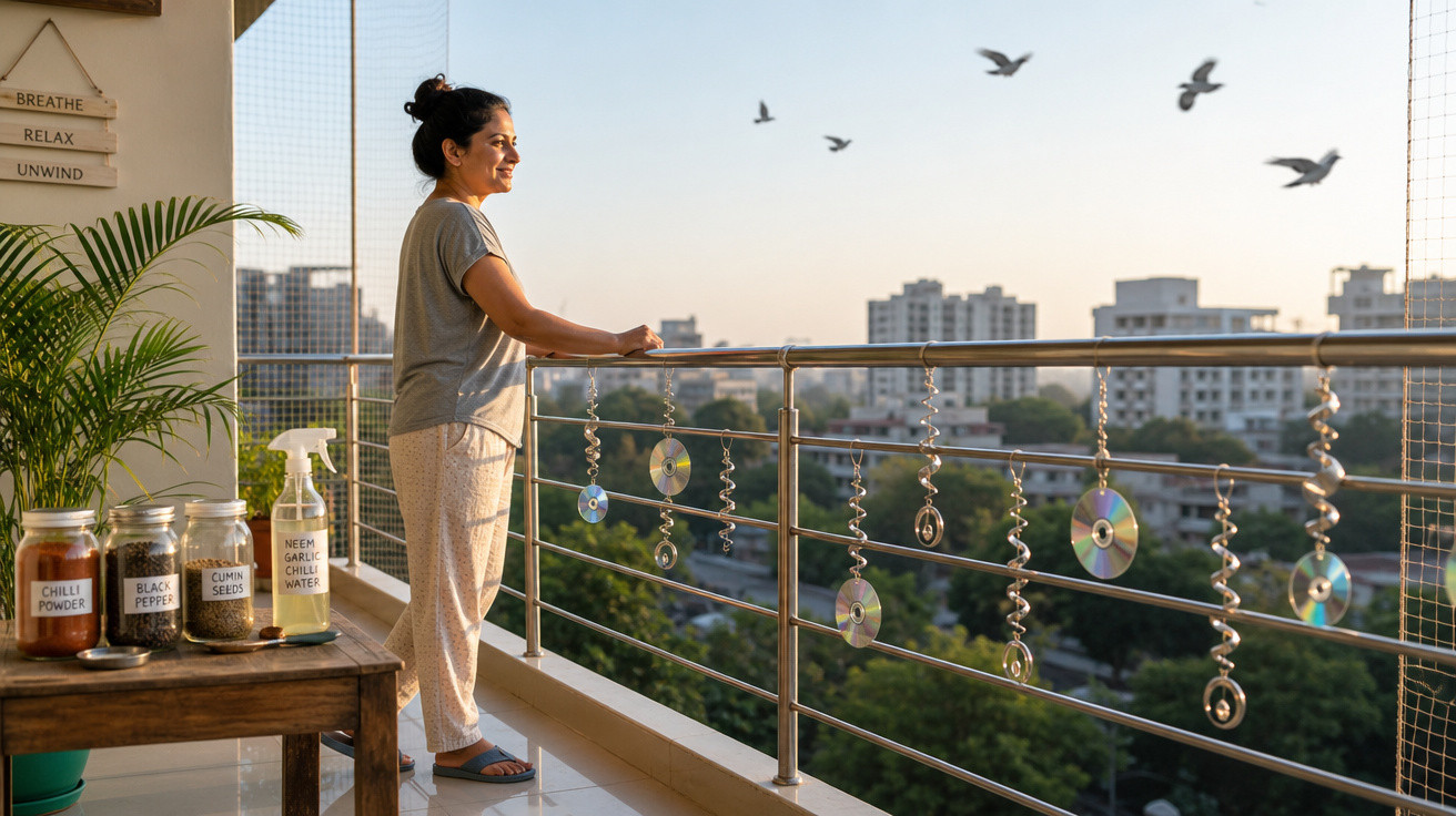 Mulher em pijama observa o pôr do sol na varanda decorada com CDs pendurados e vista urbana ao fundo.
