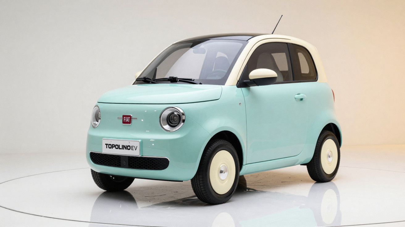 Carro compacto elétrico Fiat Topolino EV verde claro com teto branco, em estúdio com fundo neutro.
