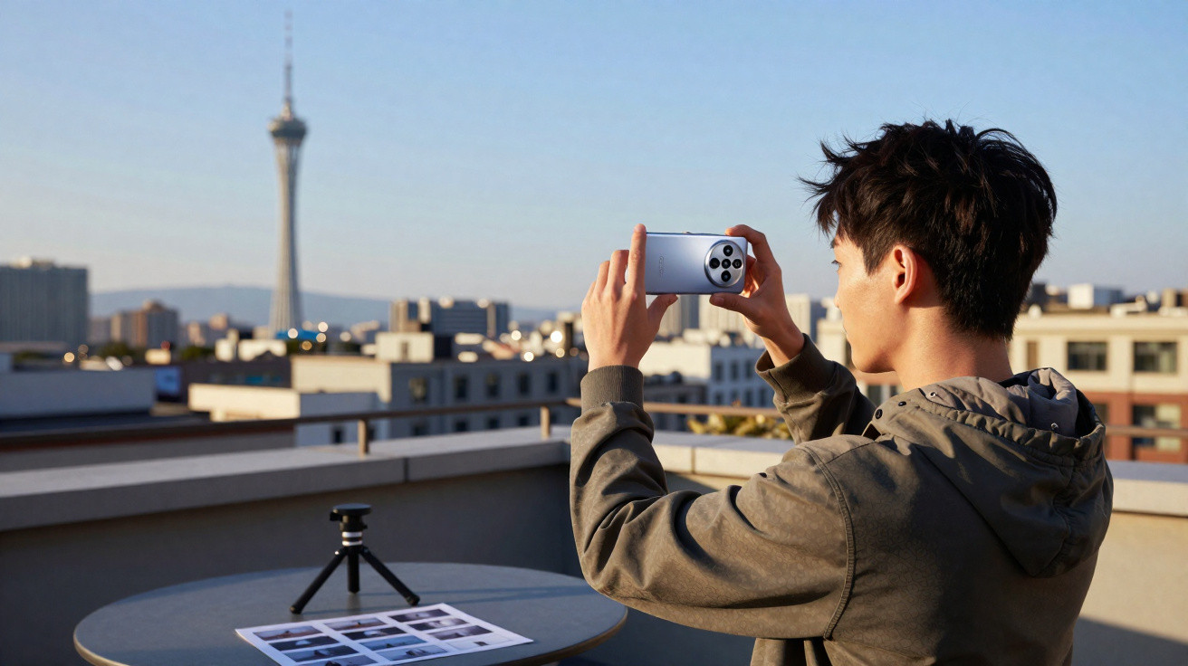 Jovem tira foto da torre de transmissão em terraço urbano ao entardecer com smartphone prateado.