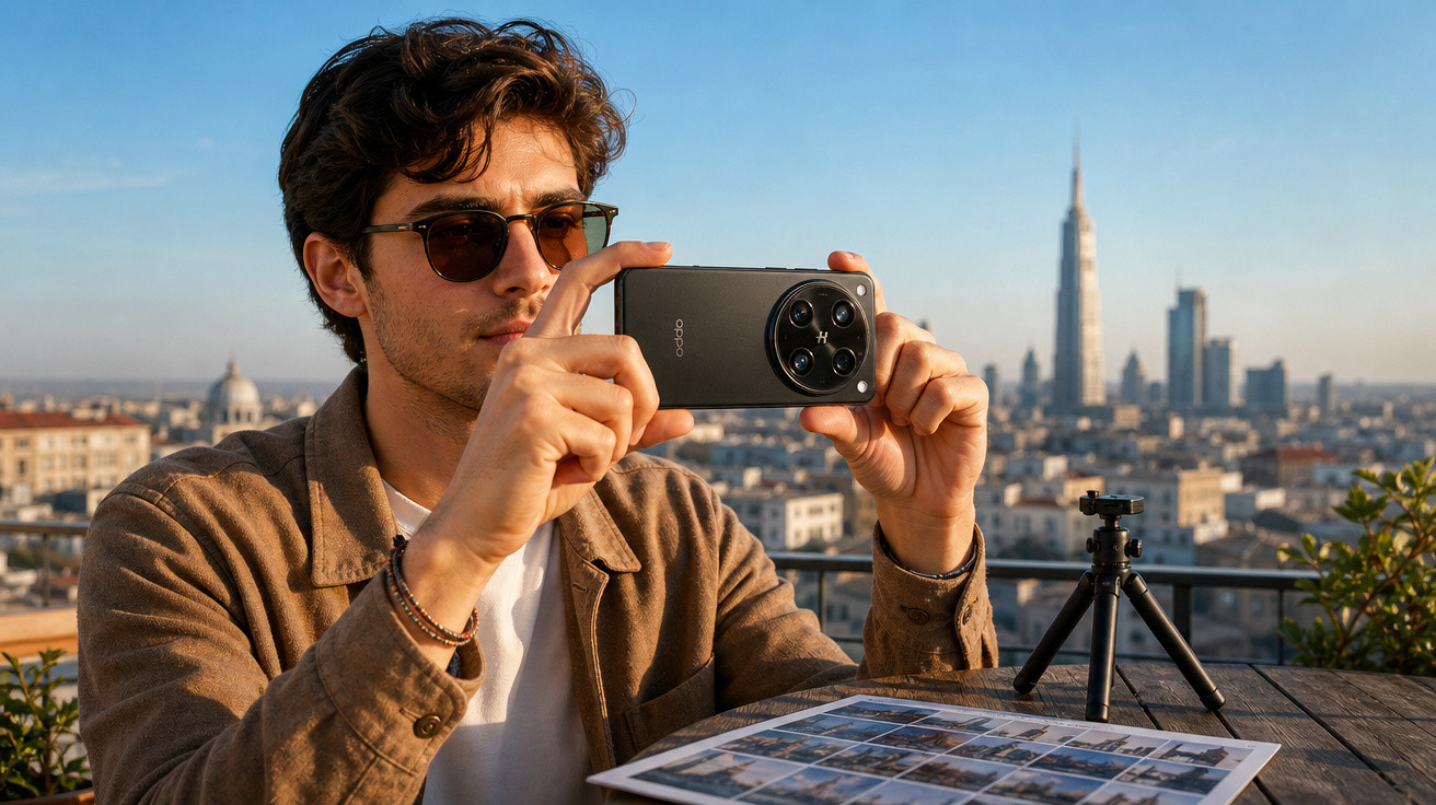 Homem de óculos escuros tira foto com smartphone em varanda com vista urbana ao fundo.