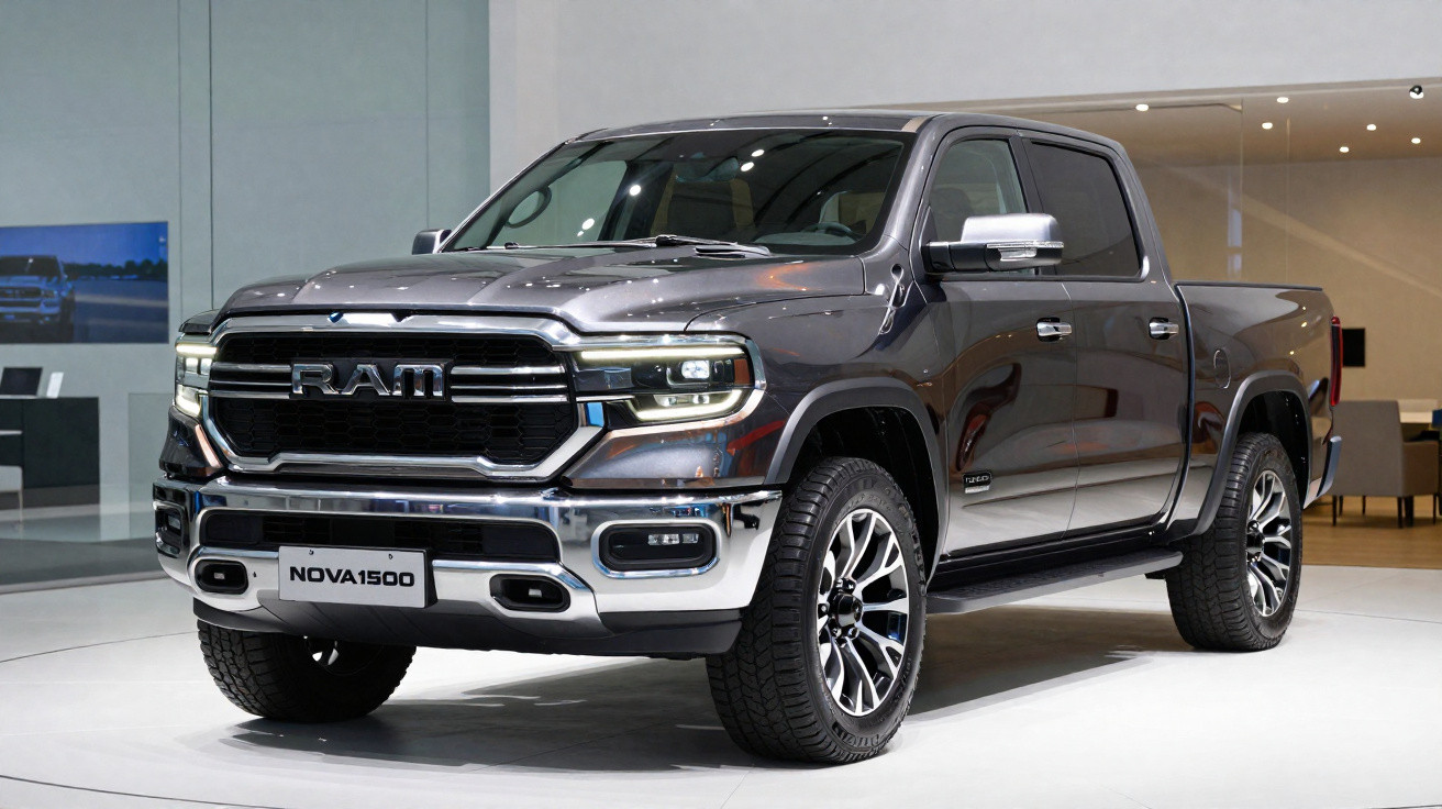 Picape preta RAM Nova 1500 exibida em salão de automóveis com iluminação interna branca.