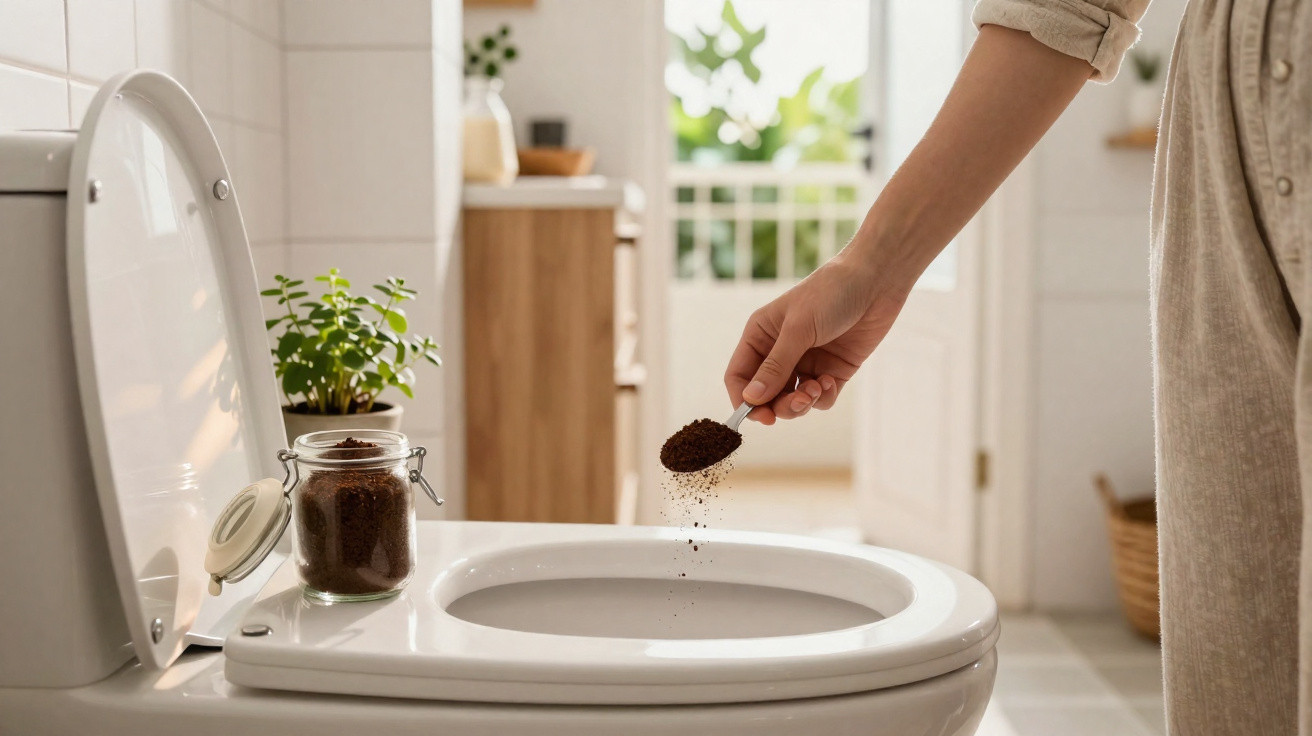 Pessoa jogando pó de café usado no vaso sanitário em banheiro iluminado e decorado com planta.