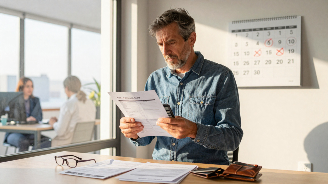 Homem de meia-idade analisando documentos em escritório com calendário e colegas ao fundo.
