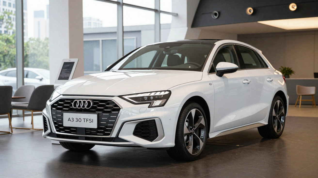 Carro Audi A3 30 TFSI branco em exposição dentro de showroom moderno com iluminação interna.