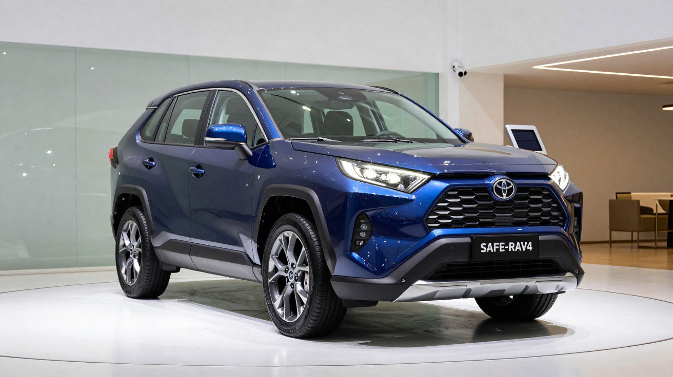 SUV Toyota RAV4 azul exposto em ambiente interno com iluminação branca.