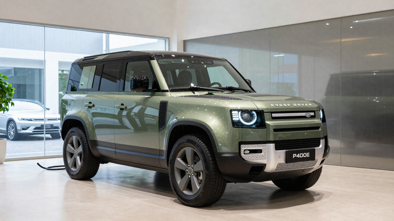 SUV Land Rover Defender verde com teto preto exposto em showroom moderno.