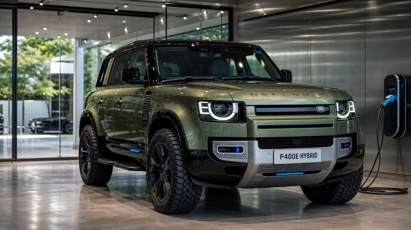 SUV Land Rover Defender P400e híbrido verde estacionado em showroom moderno, conectado a carregador elétrico.