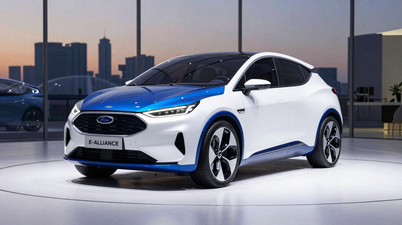 Carro elétrico Ford E-Alliance branco com detalhes em azul exposto em ambiente interno moderno.
