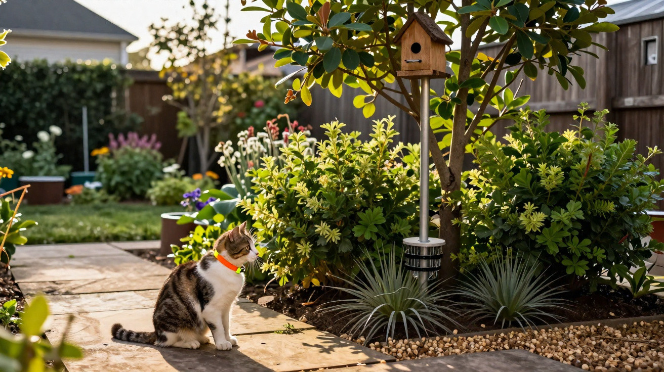 Gato com coleira laranja sentado em jardim ensolarado próximo a arbustos e um poleiro para pássaros.