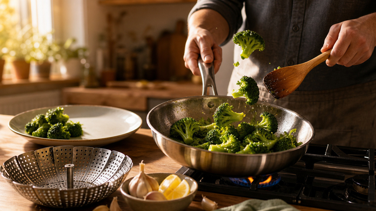 Pessoa cozinhando brócolis em frigideira sobre o fogão em cozinha iluminada pela luz natural.