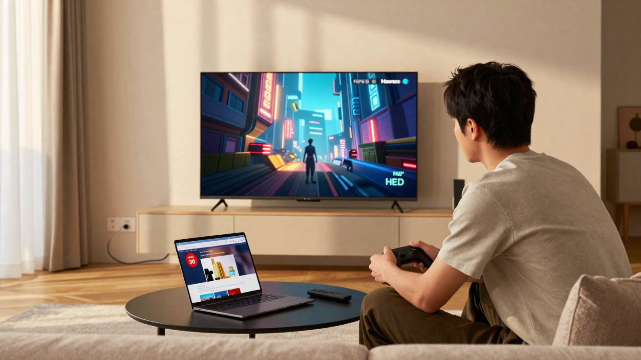 Homem jogando videogame na sala com TV ligada e laptop sobre mesa preta à sua frente.
