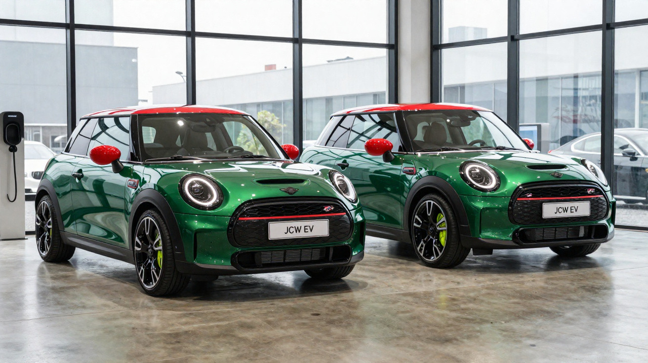 Dois carros Mini elétricos JCW EV verdes com teto e retrovisores vermelhos em showroom.