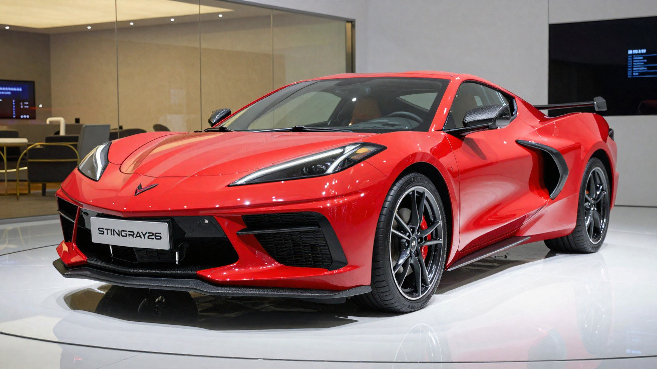 Carro esportivo vermelho Chevrolet Corvette Stingray 2026 em exposição em ambiente interno moderno.