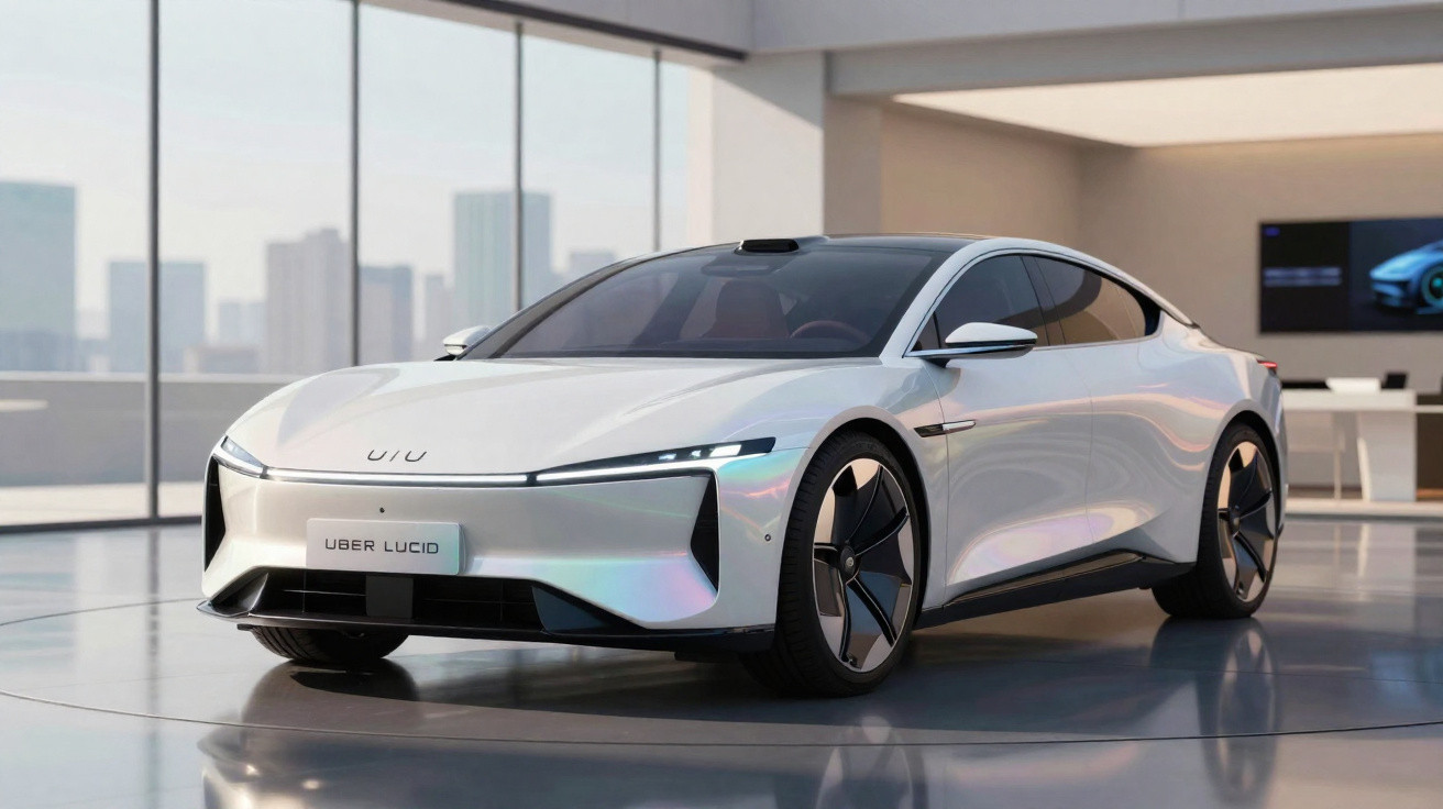 Carro elétrico branco Lucid Air estacionado em showroom moderno com janelas de vidro e vista urbana ao fundo.