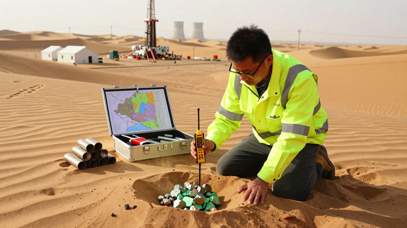 Homem com jaqueta refletiva analisa minerais em jazida no deserto, com equipamentos e torre ao fundo.