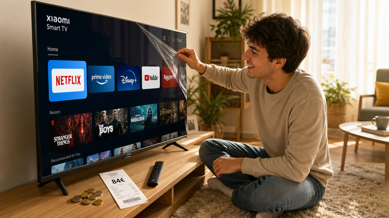 Homem sorridente sentado no chão removendo filme protetor de uma Smart TV Xiaomi com apps de streaming visíveis.