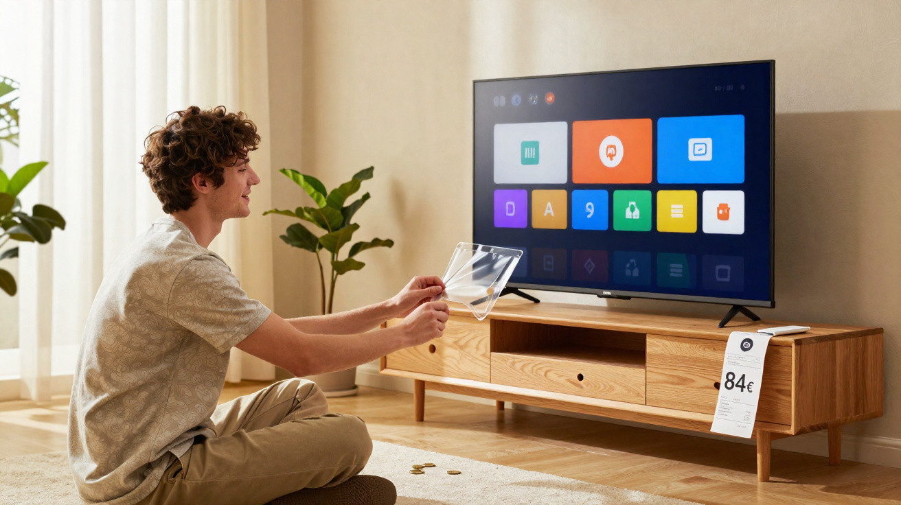 Homem sentado no chão tirando proteção plástica da tela de uma TV nova com etiqueta de preço.