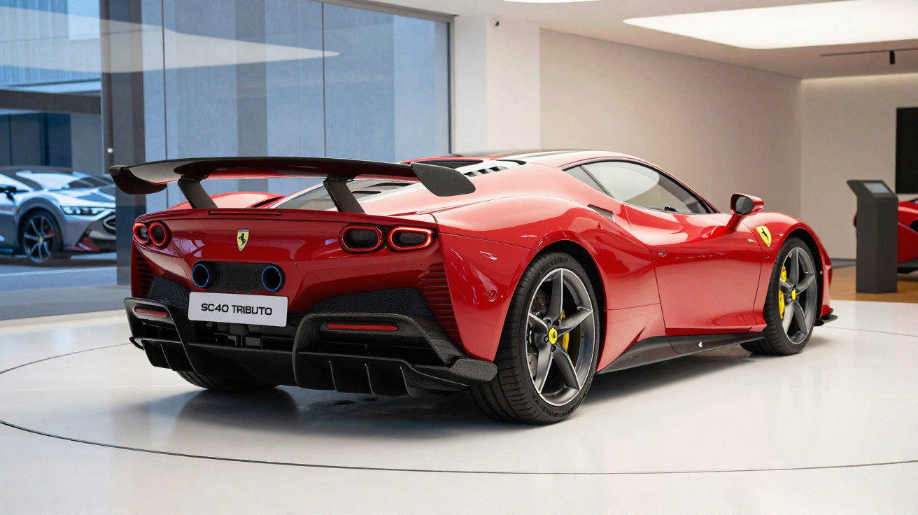 Carro esportivo Ferrari SC40 Tributo vermelho exibido em salão moderno com teto iluminado.