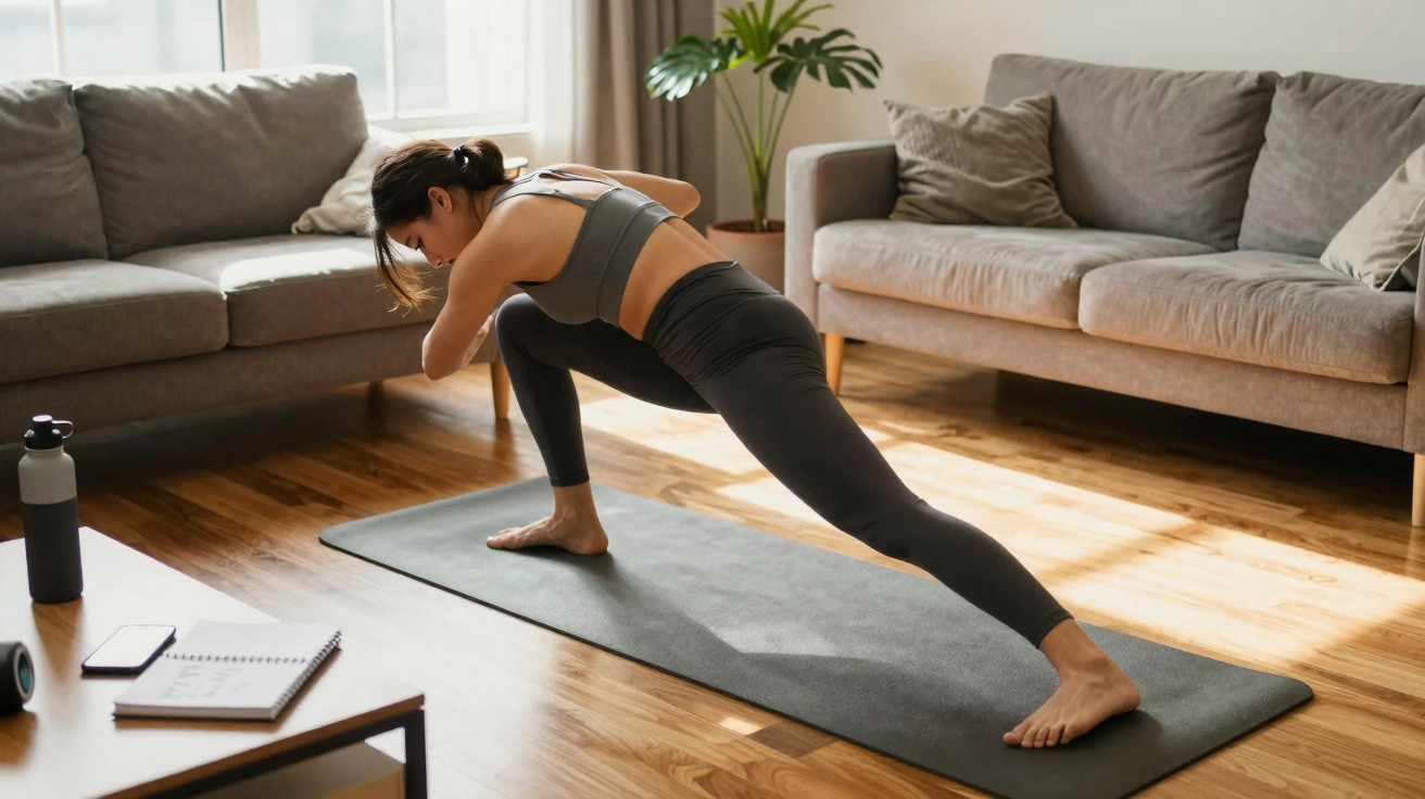 Mulher fazendo alongamento em tapete de yoga na sala de estar com sofá e planta ao fundo.