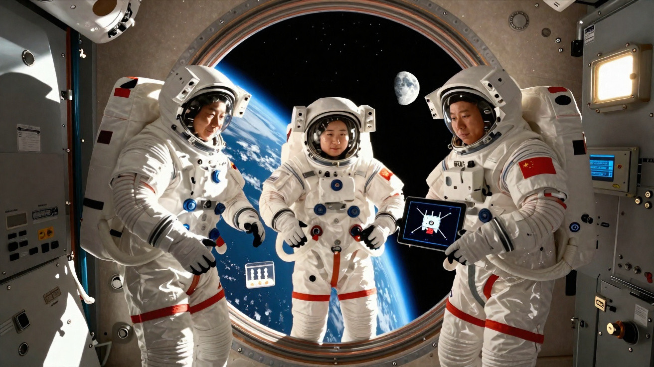 Três astronautas chineses em trajes espaciais dentro de uma estação com vista da Terra e da Lua ao fundo.
