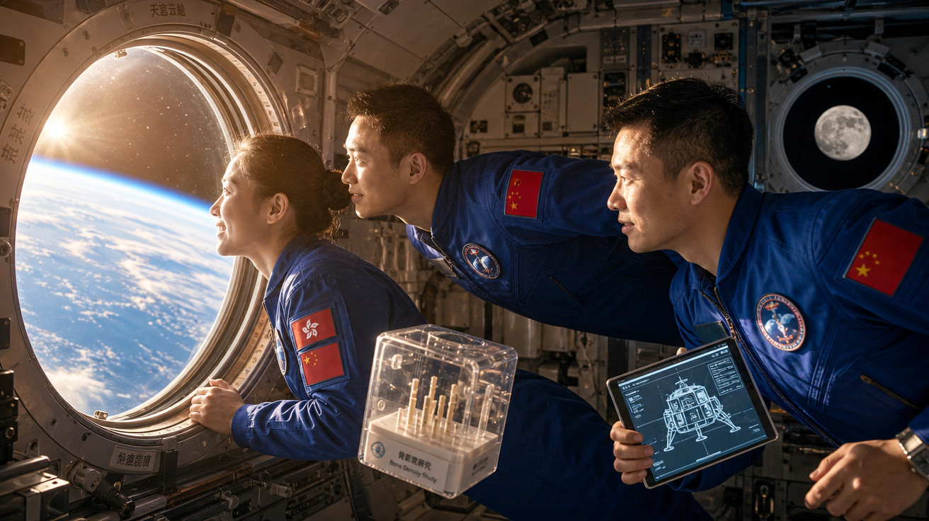 Três astronautas chineses observam a Terra pela janela de uma estação espacial com equipamentos tecnológicos.