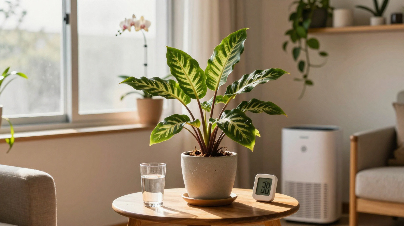 Planta em vaso sobre mesa redonda de madeira, copo de água e termômetro digital em sala iluminada.