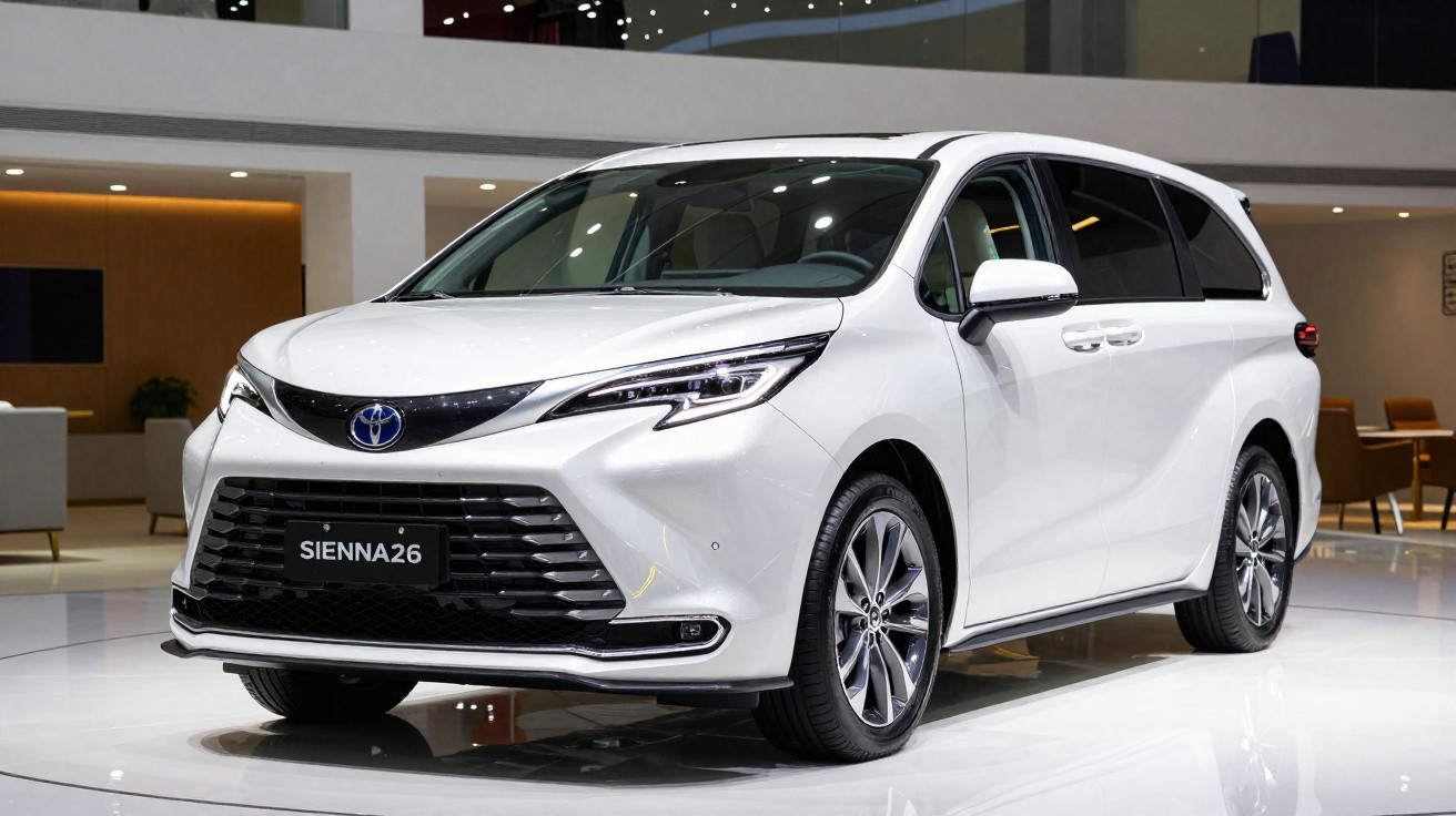 Carro Toyota Sienna branco em exposição, vista frontal em ambiente interno iluminado.