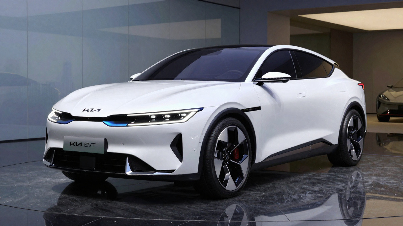 Carro elétrico branco Kia EVT estacionado em showroom moderno com piso refletivo.