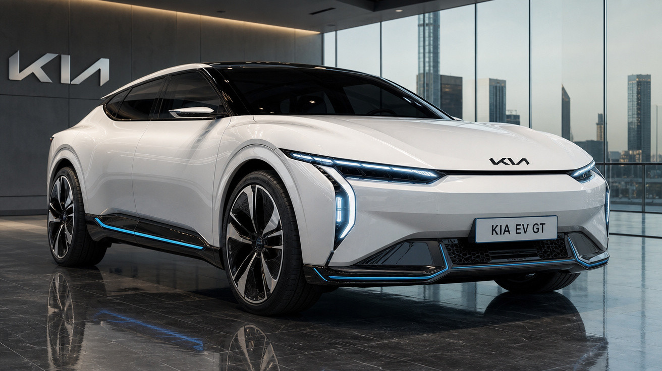 Carro elétrico branco Kia EV GT em showroom moderno com fachada de vidro e logo Kia ao fundo.