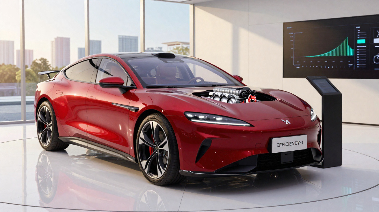 Carro esportivo vermelho elétrico Efficiency-1 exibido em showroom moderno com motor visível no capô aberto.