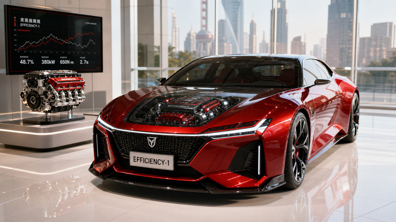Carro esportivo vermelho brilhante Efficiency-1 exibido em showroom moderno com motor à mostra no capô.
