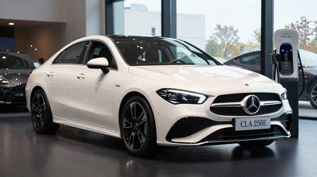 Carro branco Mercedes-Benz CLA 250E estacionado dentro de showroom moderno e iluminado.