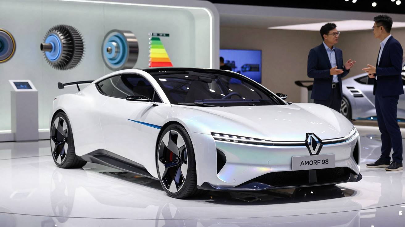 Carro esportivo elétrico branco Renault AMORF 98 exibido em estande com duas pessoas conversando ao fundo.