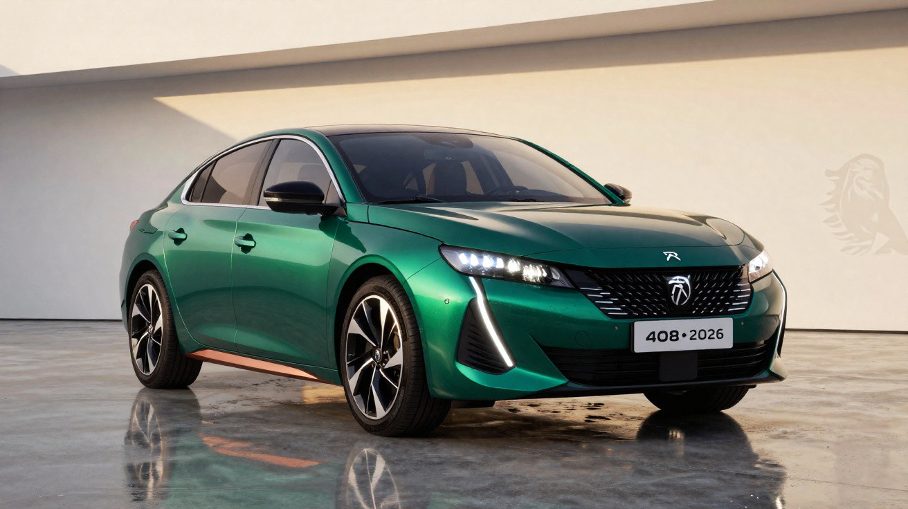 Carro sedan verde metálico Peugeot 408 2026 em piso refletivo com parede branca ao fundo.