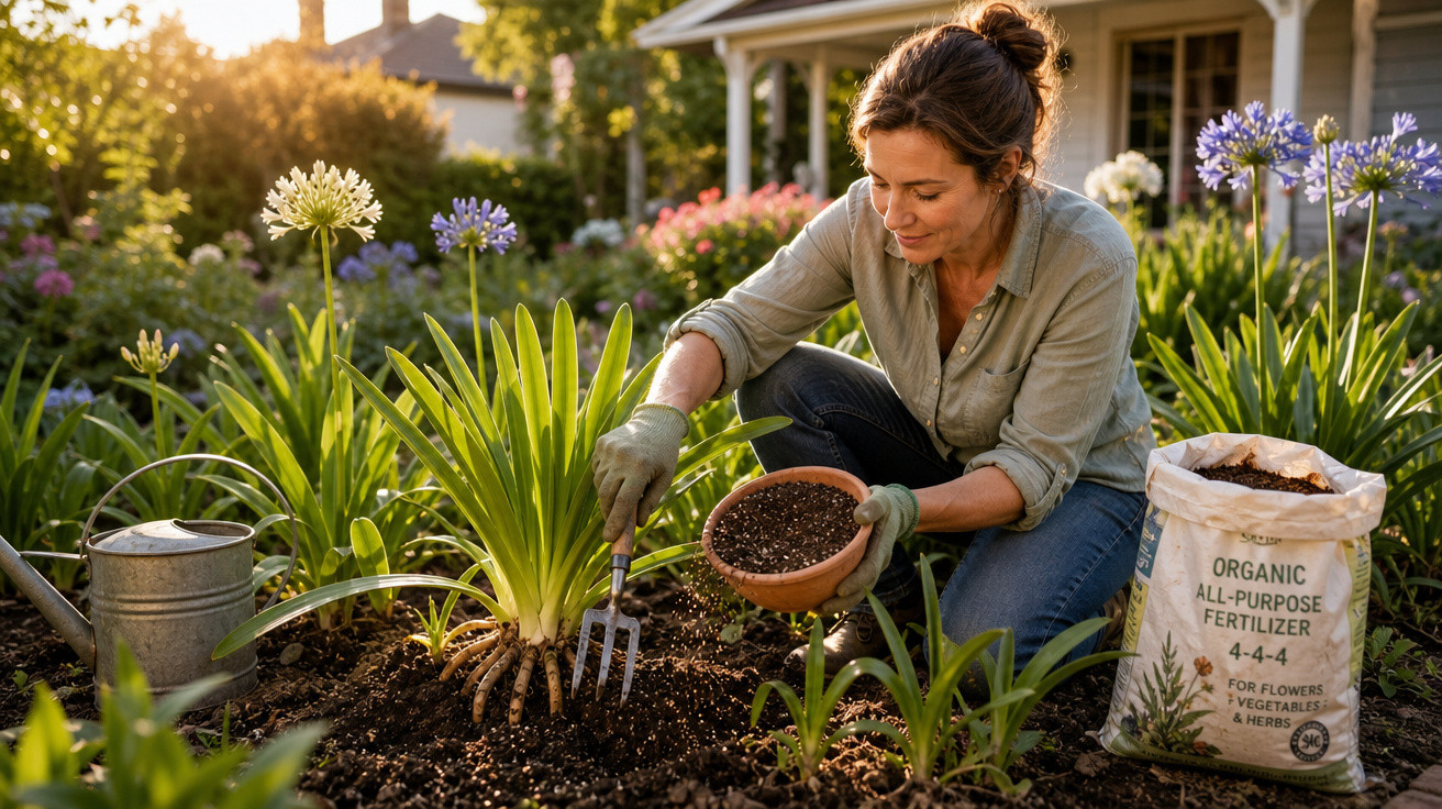Mulher jardineira aplicando fertilizante orgânico em planta num jardim ensolarado ao entardecer.
