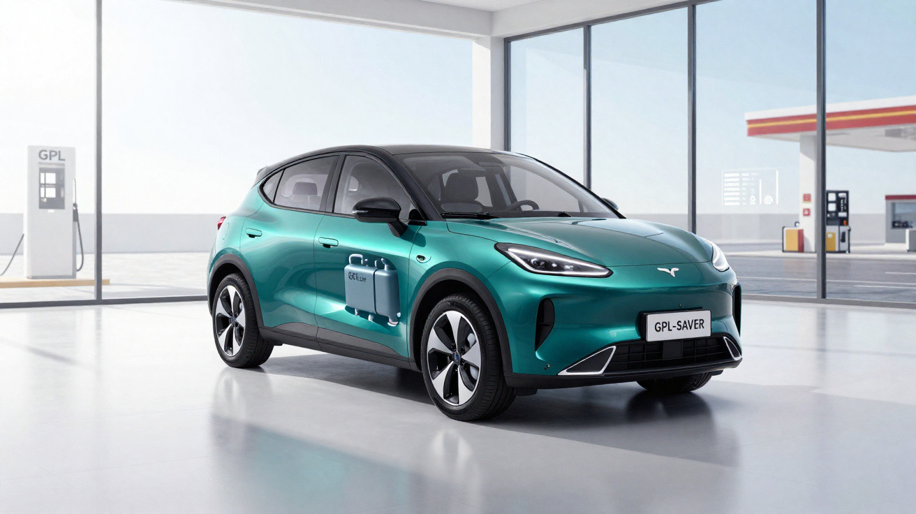 Carro elétrico verde em ambiente interno com identificação GPL-Saver e estação de recarga ao fundo.