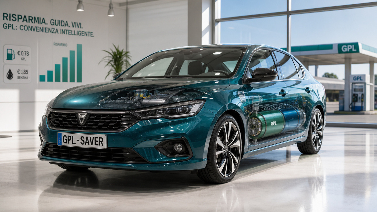 Carro sedã azul em showroom com visualização do sistema GPL e bomba de combustível ao fundo.