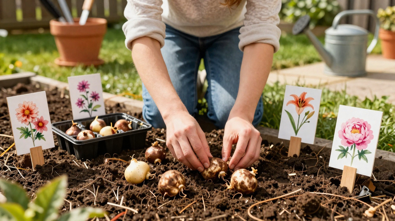 Pessoa plantando bulbos de flores no solo de um canteiro de jardim ao ar livre, com cartões ilustrativos.