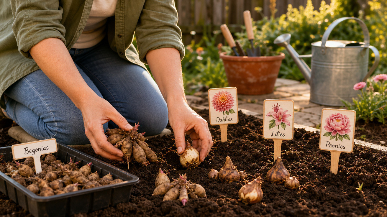 Pessoa plantando bulbos de flores em canteiro identificado com placas de begônias, dálias, lírios e peônias.