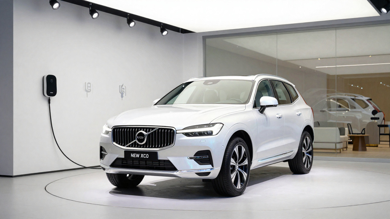 Carro elétrico Volvo branco modelo New XC90 em exposição, conectado a carregador na parede.