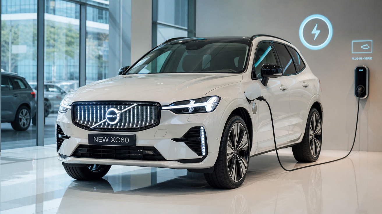 Carro Volvo XC60 branco híbrido plug-in carregando em estação interna moderna.