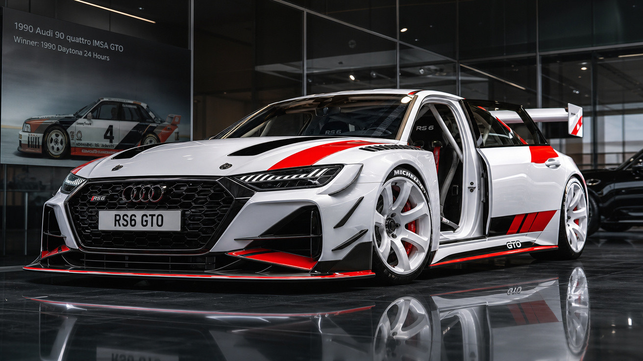 Carro esportivo Audi RS6 GTO branco com detalhes em vermelho exibido em ambiente interno.