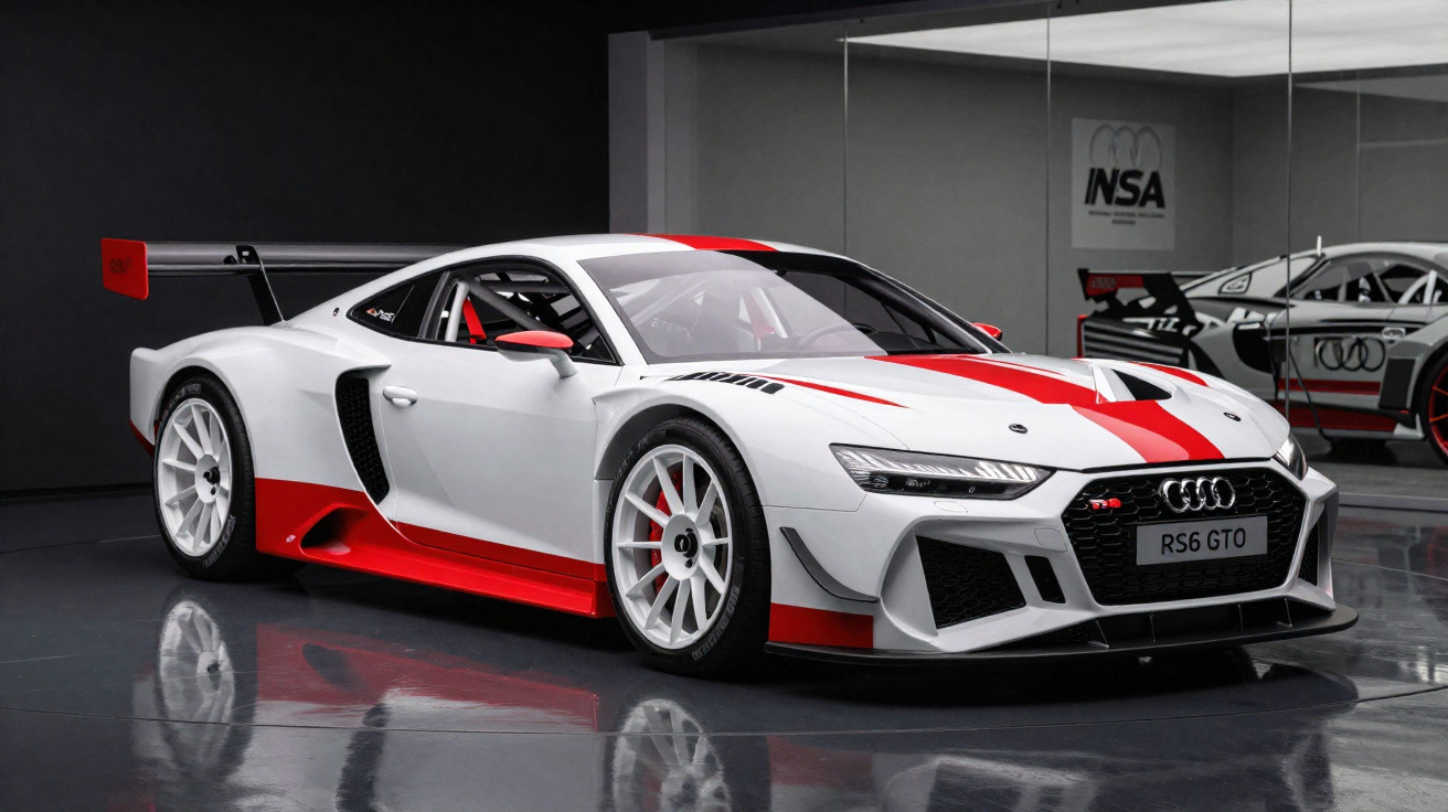 Carro de corrida Audi RS6 GTO branco com detalhes em vermelho em garagem com espelho.