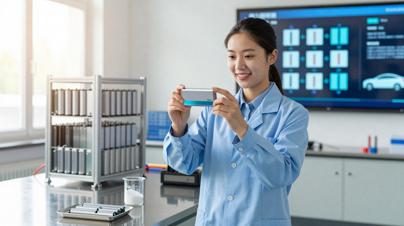 Mulher cientista em laboratório segurando bateria e sorrindo, com equipamentos e tela digital ao fundo.