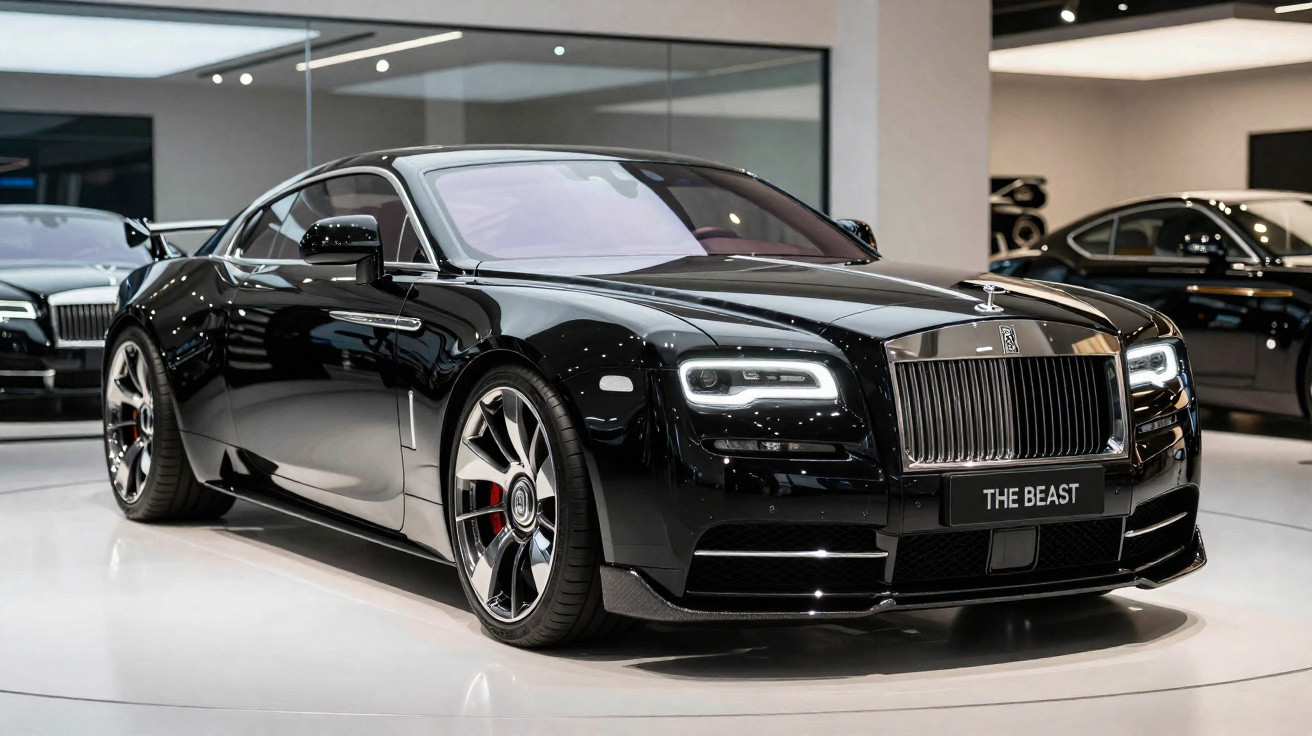 Carro esportivo preto Rolls-Royce com placa "The Beast" em showroom moderno e iluminado.