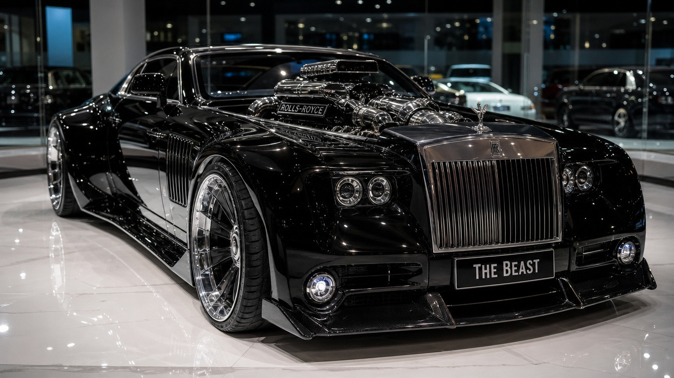 Carro preto esportivo personalizado Rolls-Royce "The Beast" exibido em showroom moderno com motor exposto.
