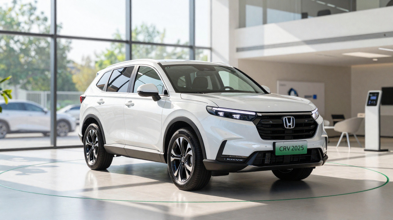 Carro SUV branco Honda CR-V 2025 em exibição dentro de showroom moderno com grandes janelas.